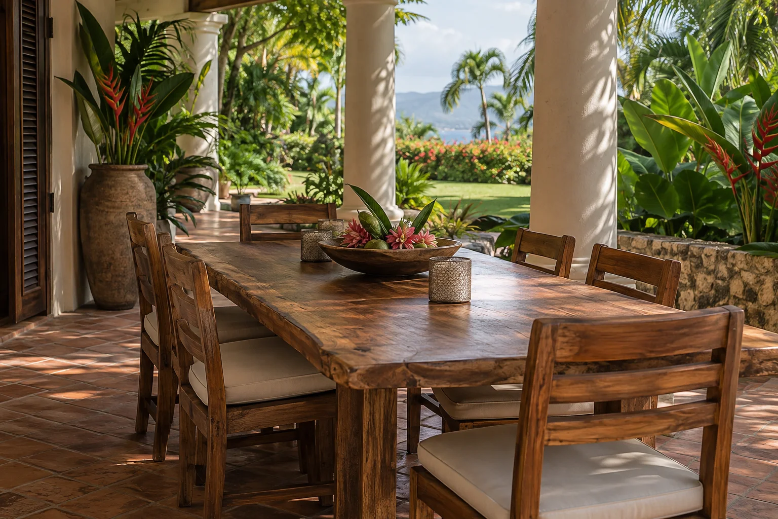 Timber dining furniture on a shaded garden terrace
